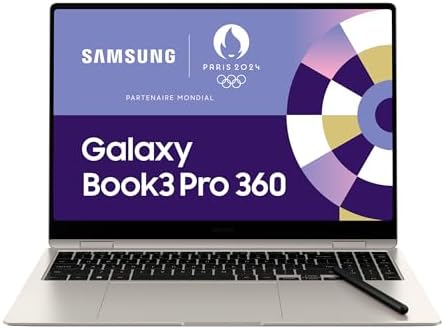 Samsung Galaxy Book3 Pro 360, Ordinateur Portable, 16″, Tactile, Intel Core i7, 16 Go RAM, 512 Go SSD, Intel Xe Graphics, Sable, Clavier AZERTY FR